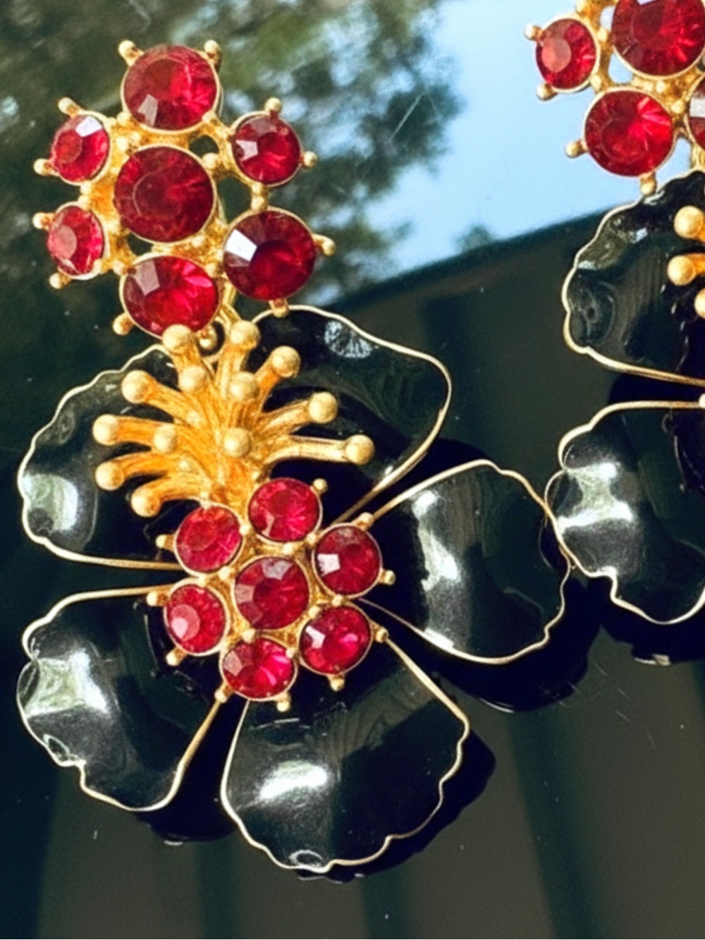Exquisite Black Floral Statement Earrings Gold / Ruby-Magenta Crystals Designer